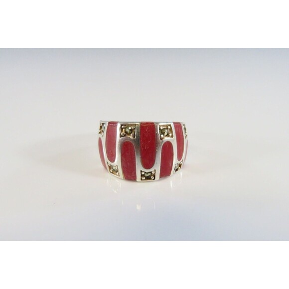 Marcasite and Inlaid Dyed Red Resin Sterling Silver Band Ring Size 6.5 - Picture 1 of 7
